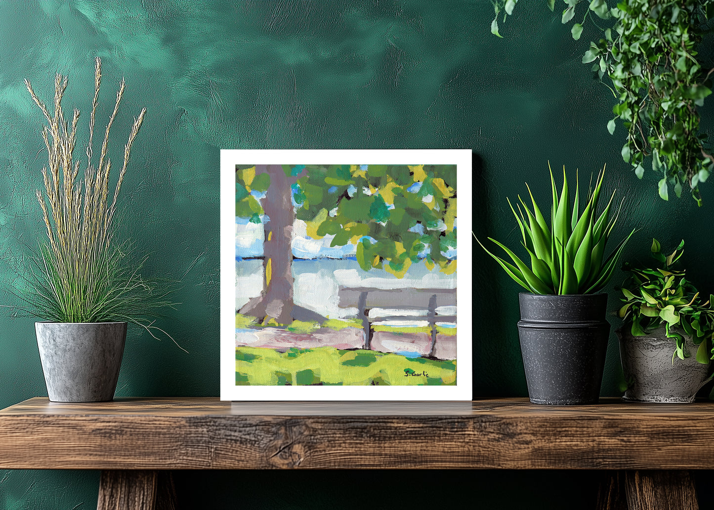 Benk ved vann. Kunsttrykk