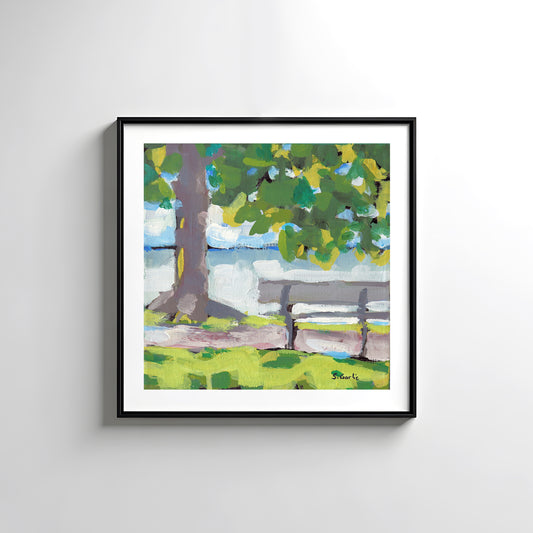 Benk ved vann. Kunsttrykk