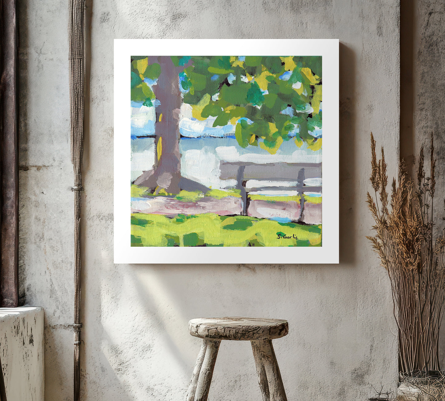 Benk ved vann. Kunsttrykk